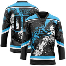 Laden Sie das Bild in den Galerie-Viewer, Custom Black Sky Blue-White 3D Splash Art Hockey Lace Neck Jersey