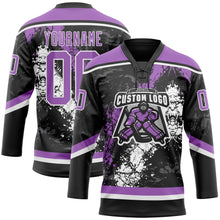 Load image into Gallery viewer, Custom Black Medium Purple-White 3D Splash Art Hockey Lace Neck Jersey