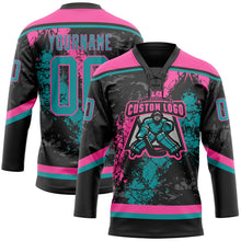 Laden Sie das Bild in den Galerie-Viewer, Custom Black Teal-Pink 3D Splash Art Hockey Lace Neck Jersey