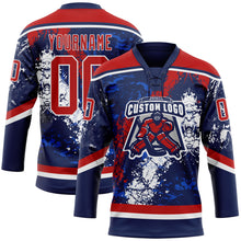 Load image into Gallery viewer, Custom Navy Red Thunder Blue-White 3D Splash Art Hockey Lace Neck Jersey