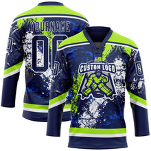 Load image into Gallery viewer, Custom Navy Thunder Blue Neon Green-White 3D Splash Art Hockey Lace Neck Jersey
