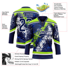 Load image into Gallery viewer, Custom Navy Thunder Blue Neon Green-White 3D Splash Art Hockey Lace Neck Jersey