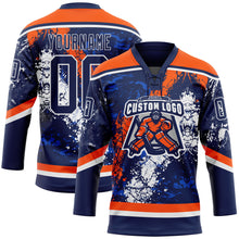Load image into Gallery viewer, Custom Navy Thunder Blue Orange-White 3D Splash Art Hockey Lace Neck Jersey