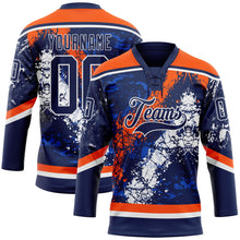Load image into Gallery viewer, Custom Navy Thunder Blue Orange-White 3D Splash Art Hockey Lace Neck Jersey
