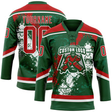 Load image into Gallery viewer, Custom Green Red-White 3D Splash Art Hockey Lace Neck Jersey