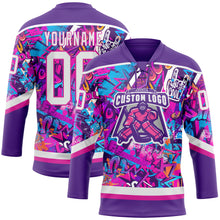 Загрузить изображение в средство просмотра галереи, Custom Graffiti Pattern White Purple-Deep Pink 3D Pattern Scratch Hockey Lace Neck Jersey