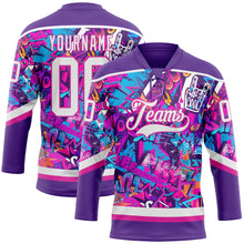 Загрузить изображение в средство просмотра галереи, Custom Graffiti Pattern White Purple-Deep Pink 3D Pattern Scratch Hockey Lace Neck Jersey