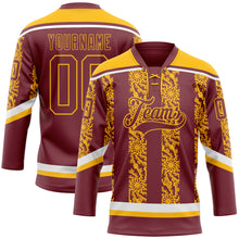 Load image into Gallery viewer, Custom Burgundy Gold-White 3D Pattern Abstract Shape Hockey Lace Neck Jersey