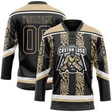 Load image into Gallery viewer, Custom Black Vegas Gold-White 3D Pattern Abstract Shape Hockey Lace Neck Jersey