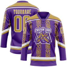Laden Sie das Bild in den Galerie-Viewer, Custom Purple Old Gold-White 3D Pattern Abstract Shape Hockey Lace Neck Jersey