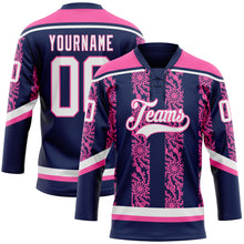 Laden Sie das Bild in den Galerie-Viewer, Custom Navy White-Pink 3D Pattern Abstract Shape Hockey Lace Neck Jersey