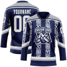 Загрузить изображение в средство просмотра галереи, Custom Navy White-Gray 3D Pattern Abstract Shape Hockey Lace Neck Jersey