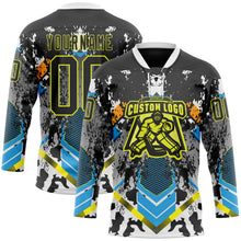 Загрузить изображение в средство просмотра галереи, Custom Black Neon Yellow Blue-White 3D Pattern Abstract Splash Hockey Lace Neck Jersey
