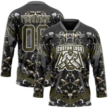 Laden Sie das Bild in den Galerie-Viewer, Custom Black Olive Steel Gray-White 3D Pattern Abstract Grunge Hockey Lace Neck Jersey