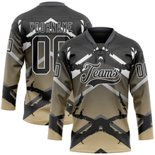 Laden Sie das Bild in den Galerie-Viewer, Custom Gray Black Vegas Gold-White 3D Pattern Abstract Gradient Hockey Lace Neck Jersey