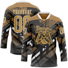 Laden Sie das Bild in den Galerie-Viewer, Custom Old Gold Gray Black-White 3D Pattern Abstract Grunge Hockey Lace Neck Jersey