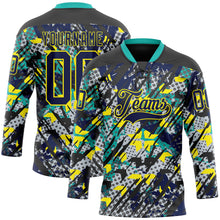 Загрузить изображение в средство просмотра галереи, Custom Navy Light Yellow-Aqua 3D Pattern Abstract Grunge Hockey Lace Neck Jersey