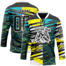 Charger l'image dans la galerie, Custom Black Green-Yellow 3D Pattern Abstract Split Hockey Lace Neck Jersey