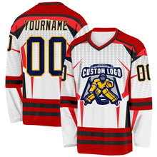 Laden Sie das Bild in den Galerie-Viewer, Custom White Navy Red Black-Gold 3D Pattern Cyber Mecha E-sport Hockey Jersey