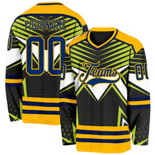 Charger l'image dans la galerie, Custom Black US Navy Blue Green Navy Gold-White 3D Pattern Cyber Mecha E-sport Hockey Jersey