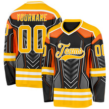 Загрузить изображение в средство просмотра галереи, Custom Black Gold Gray Orange-White 3D Pattern Cyber Mecha E-sport Hockey Jersey