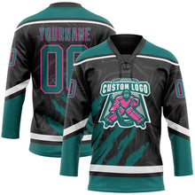 Load image into Gallery viewer, Custom Black Teal Pink-White 3D Splash Art Hockey Lace Neck Jersey