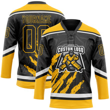 Load image into Gallery viewer, Custom Black Gold-White 3D Splash Art Hockey Lace Neck Jersey