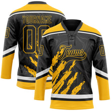 Load image into Gallery viewer, Custom Black Gold-White 3D Splash Art Hockey Lace Neck Jersey