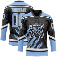Загрузить изображение в средство просмотра галереи, Custom Black Light Blue-White 3D Splash Art Hockey Lace Neck Jersey