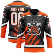Load image into Gallery viewer, Custom Black White-Orange 3D Splash Art Hockey Lace Neck Jersey