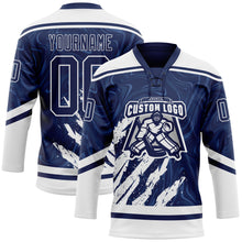 Загрузить изображение в средство просмотра галереи, Custom Navy White 3D Splash Art Hockey Lace Neck Jersey
