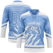 Load image into Gallery viewer, Custom Light Blue White 3D Splash Art Hockey Lace Neck Jersey