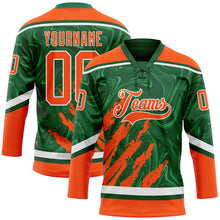Laden Sie das Bild in den Galerie-Viewer, Custom Green Orange-White 3D Splash Art Hockey Lace Neck Jersey