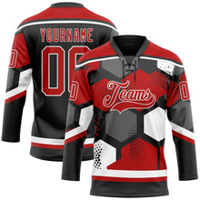 Загрузить изображение в средство просмотра галереи, Custom Red Black-White 3D Pattern Geometric Shape Hockey Lace Neck Jersey