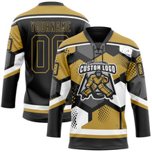 Charger l'image dans la galerie, Custom Old Gold Black-White 3D Pattern Geometric Shape Hockey Lace Neck Jersey