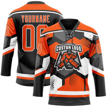Загрузить изображение в средство просмотра галереи, Custom Orange Black-White 3D Pattern Geometric Shape Hockey Lace Neck Jersey