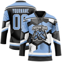 Load image into Gallery viewer, Custom Light Blue Black-White 3D Pattern Geometric Shape Hockey Lace Neck Jersey