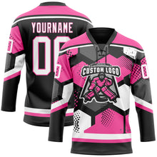 Load image into Gallery viewer, Custom Pink White-Black 3D Pattern Geometric Shape Hockey Lace Neck Jersey