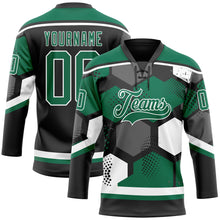 Load image into Gallery viewer, Custom Kelly Green Black-White 3D Pattern Geometric Shape Hockey Lace Neck Jersey