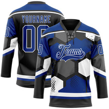 Load image into Gallery viewer, Custom Royal Black-White 3D Pattern Geometric Shape Hockey Lace Neck Jersey
