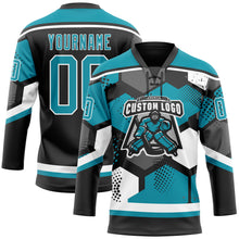 Load image into Gallery viewer, Custom Teal Black-White 3D Pattern Geometric Shape Hockey Lace Neck Jersey