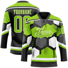 Load image into Gallery viewer, Custom Neon Green Black-White 3D Pattern Geometric Shape Hockey Lace Neck Jersey