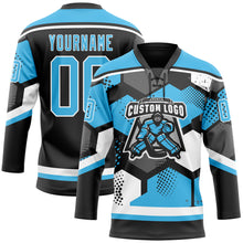 Load image into Gallery viewer, Custom Sky Blue Black-White 3D Pattern Geometric Shape Hockey Lace Neck Jersey