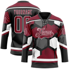 Load image into Gallery viewer, Custom Crimson Black-White 3D Pattern Geometric Shape Hockey Lace Neck Jersey