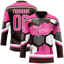 Load image into Gallery viewer, Custom Pink Brown-White 3D Pattern Geometric Shape Hockey Lace Neck Jersey