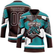 Load image into Gallery viewer, Custom Teal Brown-White 3D Pattern Geometric Shape Hockey Lace Neck Jersey