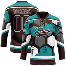 Load image into Gallery viewer, Custom Teal Brown-White 3D Pattern Geometric Shape Hockey Lace Neck Jersey