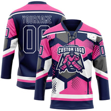 Load image into Gallery viewer, Custom Pink Navy-White 3D Pattern Geometric Shape Hockey Lace Neck Jersey