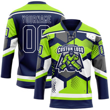 Load image into Gallery viewer, Custom Neon Green Navy-White 3D Pattern Geometric Shape Hockey Lace Neck Jersey