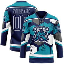 Load image into Gallery viewer, Custom Teal Navy-White 3D Pattern Geometric Shape Hockey Lace Neck Jersey